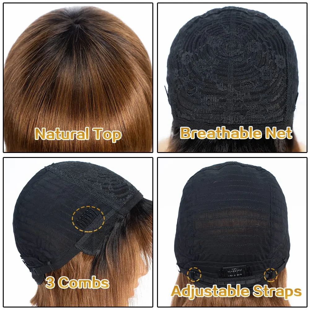 Short Bob Wig with Bangs Human Hair 10 Inch Ombre Brown Short Straight Bob Wig for Black Women Brazilian Virgin Hair Glueless Machine Made Wig