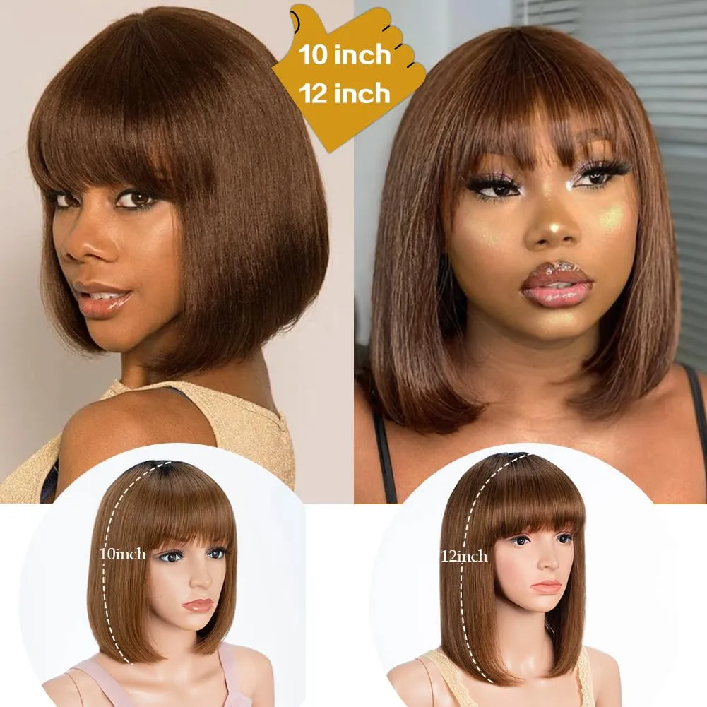 Short Bob Wig with Bangs Human Hair 10 Inch Ombre Brown Short Straight Bob Wig for Black Women Brazilian Virgin Hair Glueless Machine Made Wig