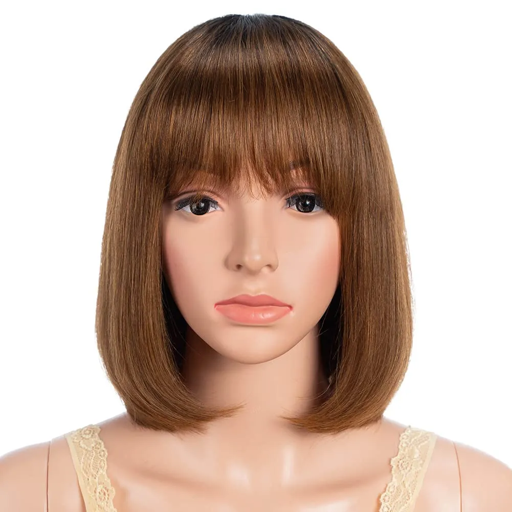 Short Bob Wig with Bangs Human Hair 10 Inch Ombre Brown Short Straight Bob Wig for Black Women Brazilian Virgin Hair Glueless Machine Made Wig