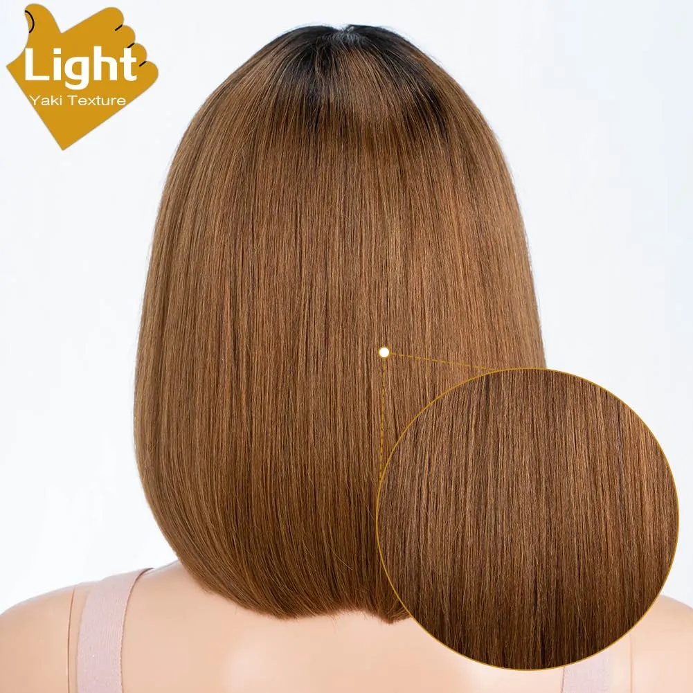 Short Bob Wig with Bangs Human Hair 10 Inch Ombre Brown Short Straight Bob Wig for Black Women Brazilian Virgin Hair Glueless Machine Made Wig
