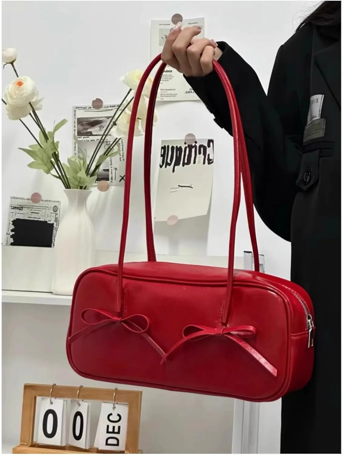 Shoulder Bag for Women with Bow Tie, Retro Swing Zip Shoulder Handbag - Top Handle Hobo Purse for Work/Travel/Shop