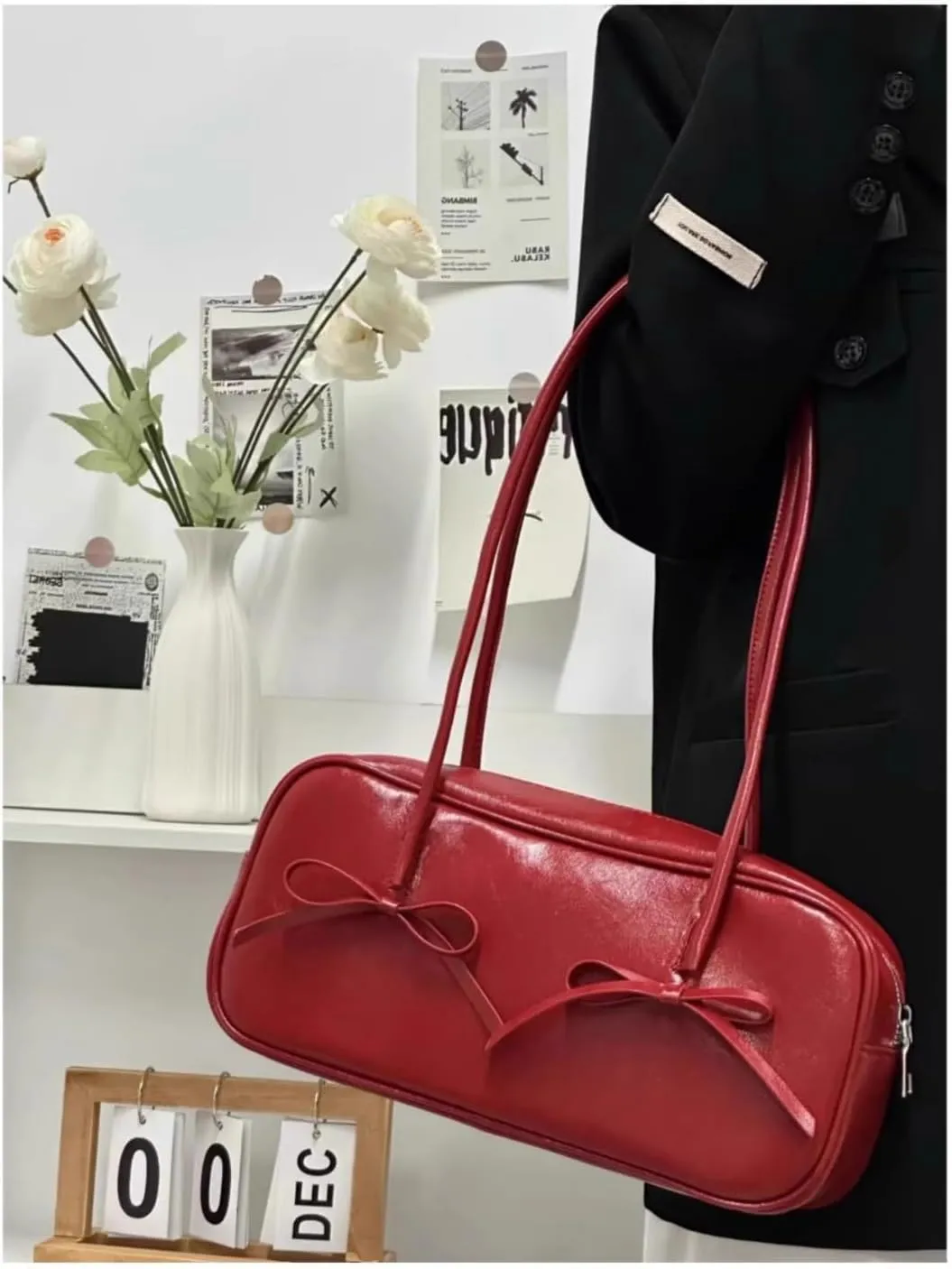 Shoulder Bag for Women with Bow Tie, Retro Swing Zip Shoulder Handbag - Top Handle Hobo Purse for Work/Travel/Shop