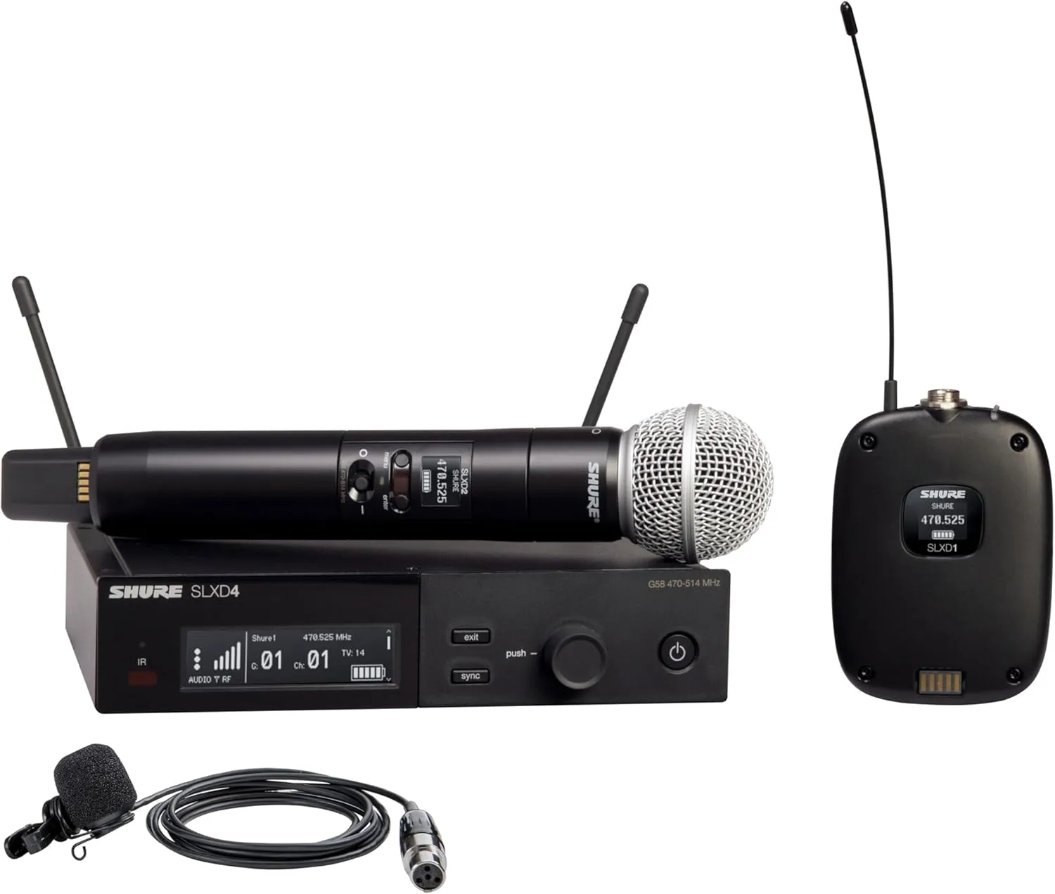 Shure SLXD124/85M Digital Wireless Microphone System - Includes SXLD4 Single Channel Rack Mount Receiver, SXLD2 Handheld Transmitter with SM58 Mic Capsule, SLXD1 Bodypack with WL185M Lav | J52 Band