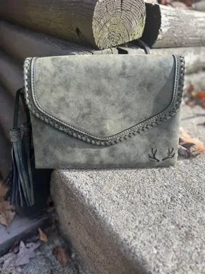 Sloane Suede Flapover Crossbody w/ Whipstitch Trim with Branded Antlers