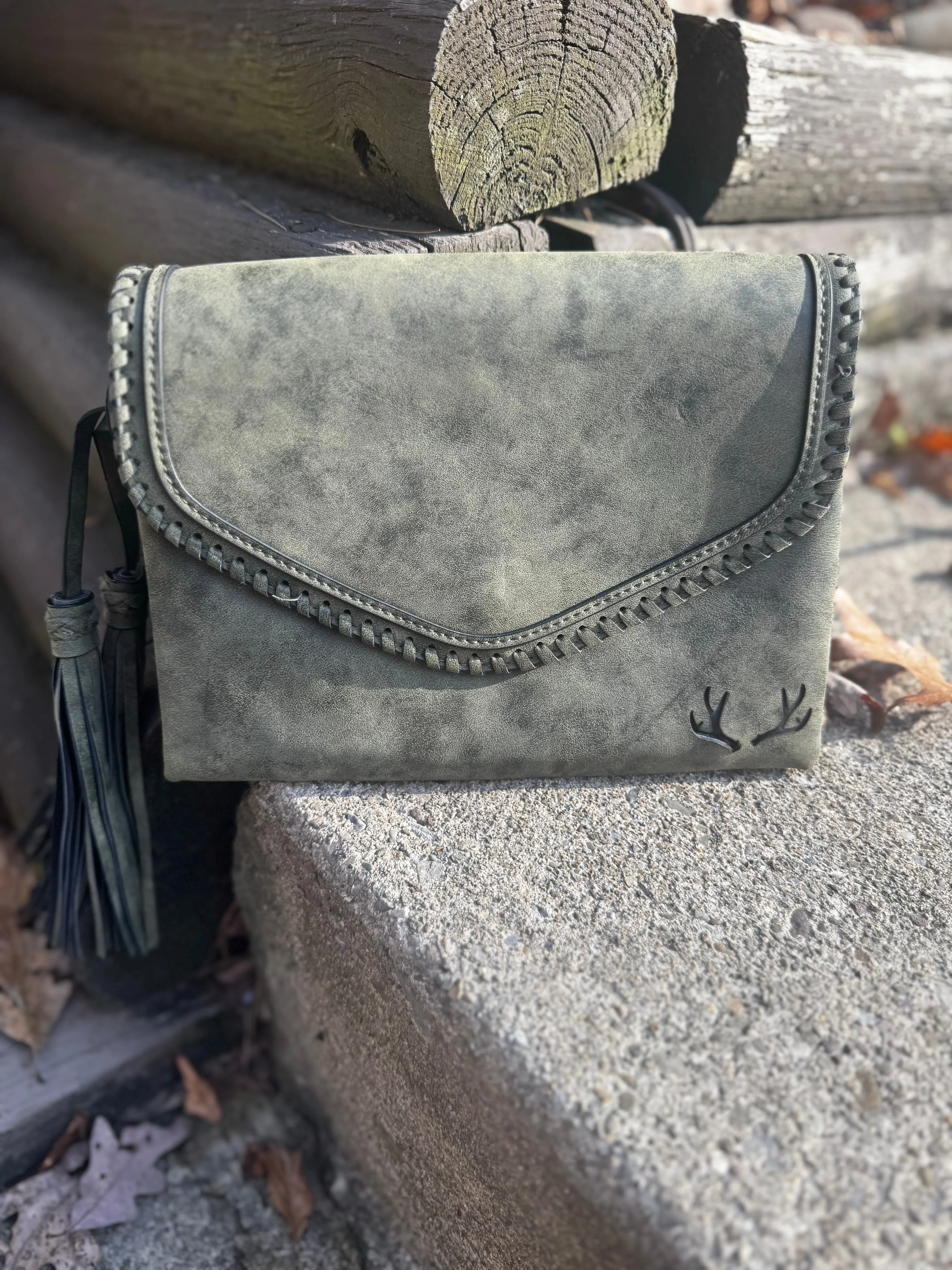 Sloane Suede Flapover Crossbody w/ Whipstitch Trim with Branded Antlers