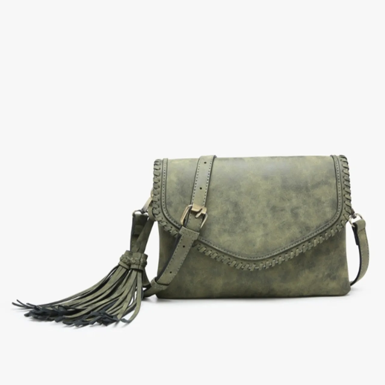 Sloane Suede Flapover Crossbody w/ Whipstitch Trim with Branded Antlers