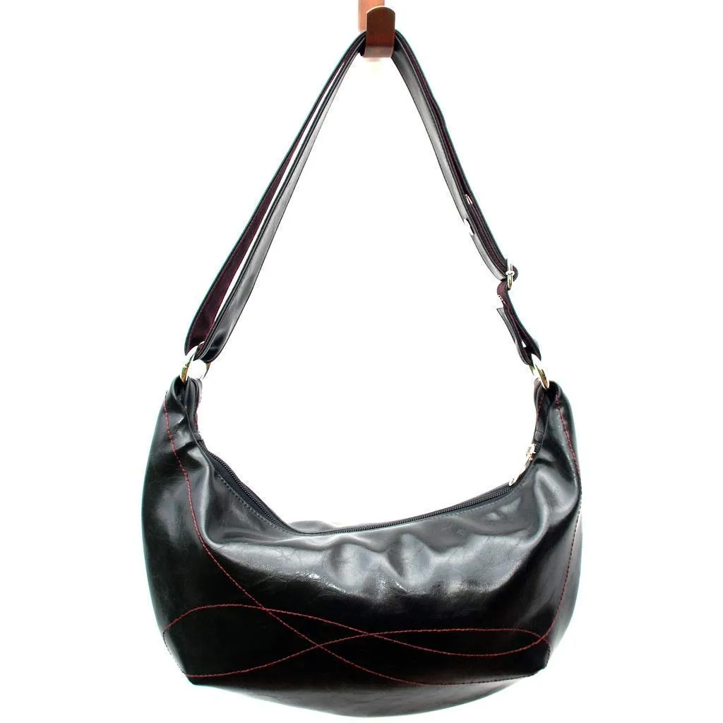 Slouchy Crescent-Shaped Hobo Bag with adjustable across body strap vegan machine washable (Black)
