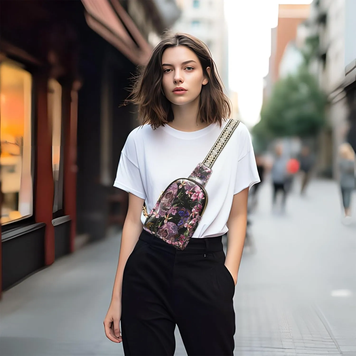 Small Sling Bag for Women Crossbody Pink Flowers Skull Fashion Leather Crossbody Bag for Women Embroidery Style Trendy Crossbody Purse Fanny Pack with Adjustable Guitar Strap Outfit