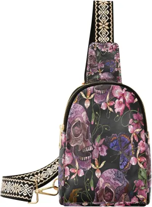 Small Sling Bag for Women Crossbody Pink Flowers Skull Fashion Leather Crossbody Bag for Women Embroidery Style Trendy Crossbody Purse Fanny Pack with Adjustable Guitar Strap Outfit