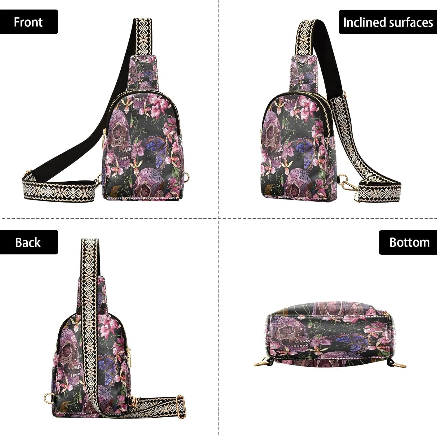 Small Sling Bag for Women Crossbody Pink Flowers Skull Fashion Leather Crossbody Bag for Women Embroidery Style Trendy Crossbody Purse Fanny Pack with Adjustable Guitar Strap Outfit