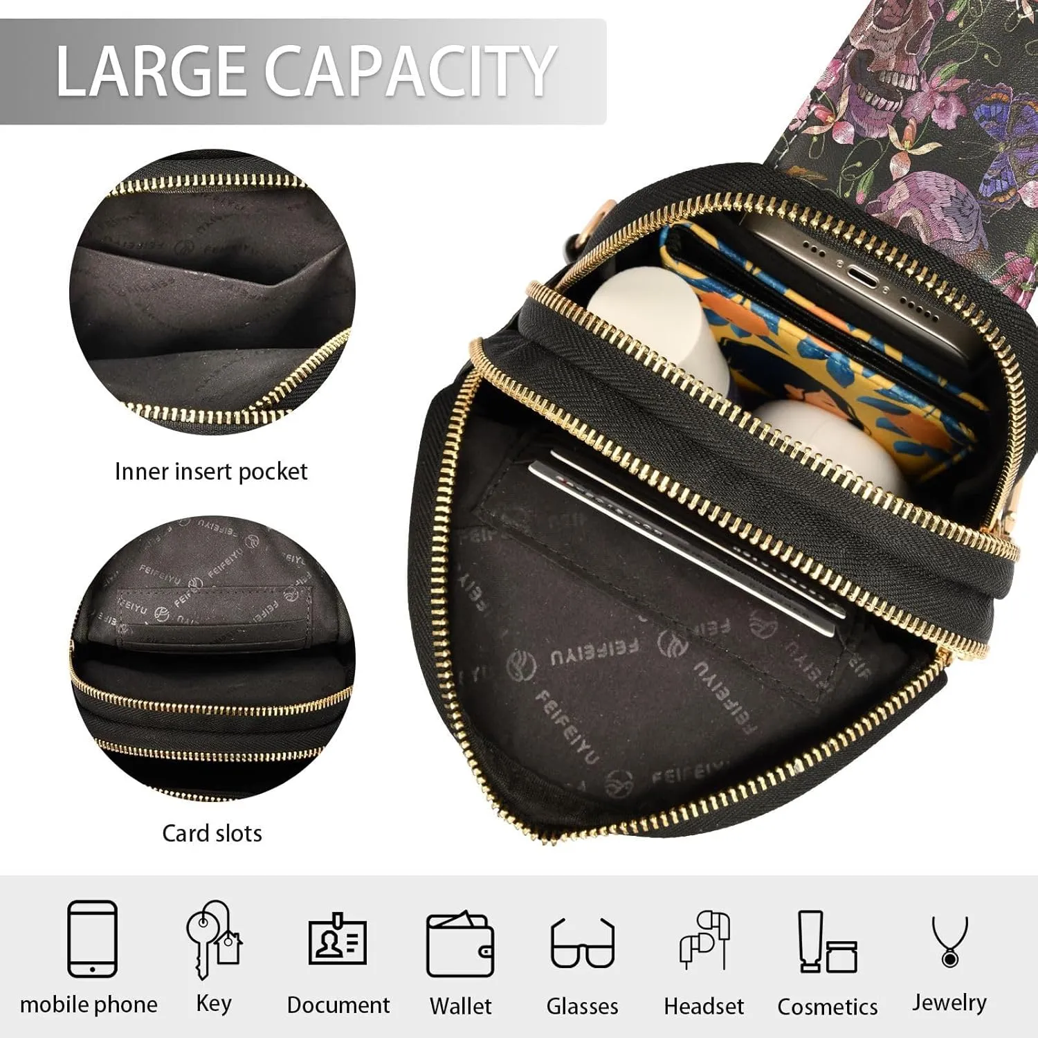 Small Sling Bag for Women Crossbody Pink Flowers Skull Fashion Leather Crossbody Bag for Women Embroidery Style Trendy Crossbody Purse Fanny Pack with Adjustable Guitar Strap Outfit