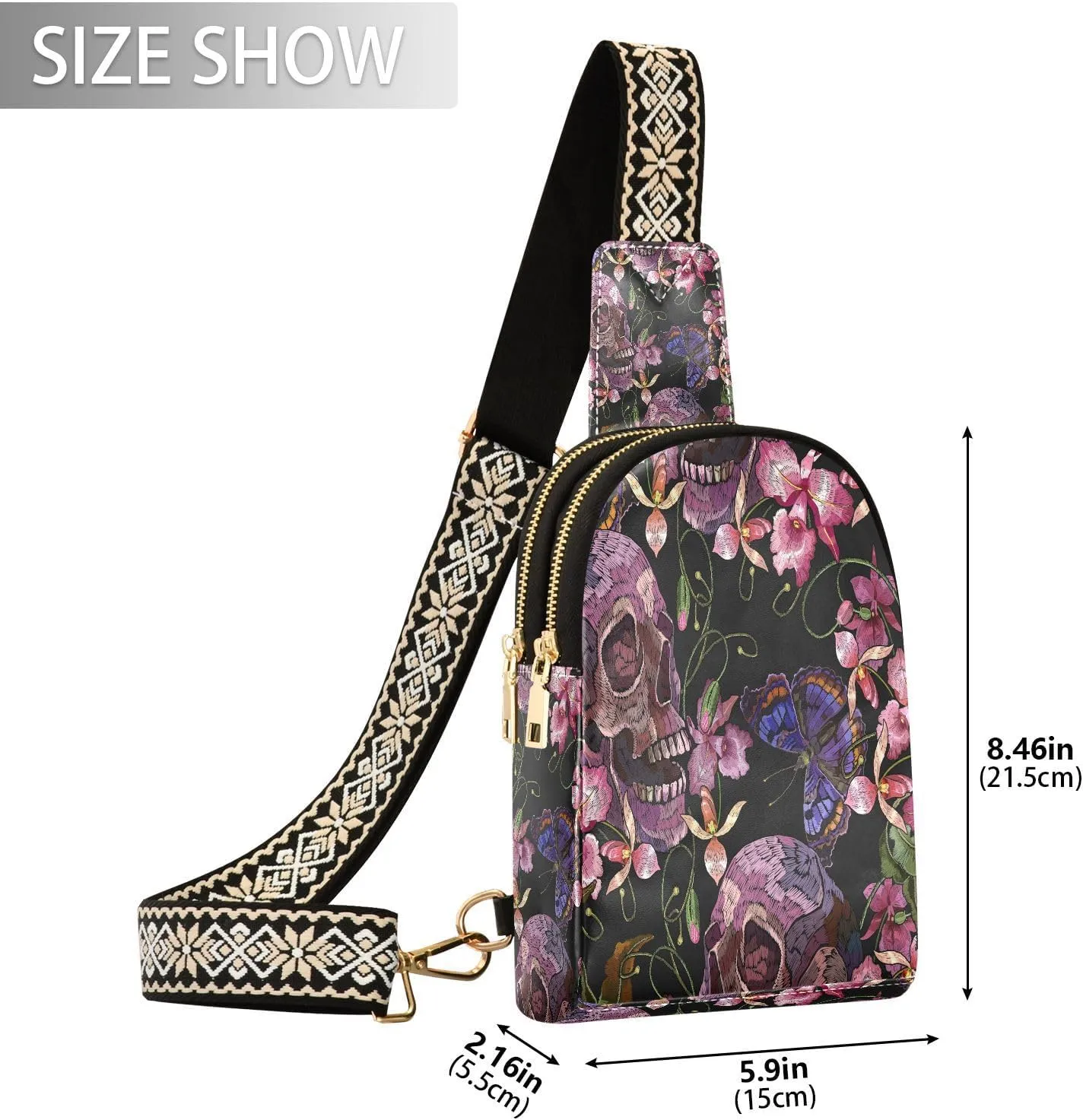 Small Sling Bag for Women Crossbody Pink Flowers Skull Fashion Leather Crossbody Bag for Women Embroidery Style Trendy Crossbody Purse Fanny Pack with Adjustable Guitar Strap Outfit