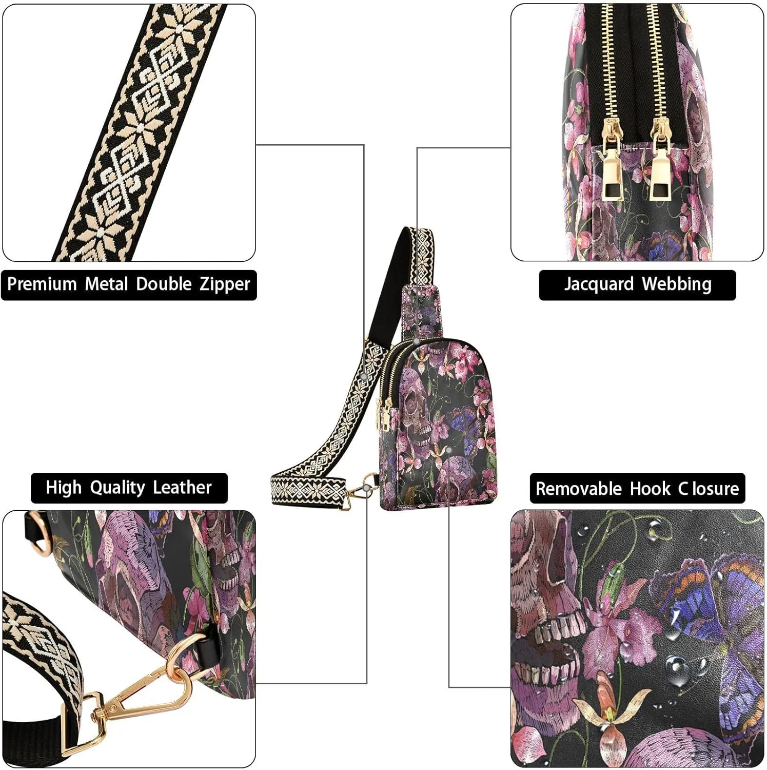 Small Sling Bag for Women Crossbody Pink Flowers Skull Fashion Leather Crossbody Bag for Women Embroidery Style Trendy Crossbody Purse Fanny Pack with Adjustable Guitar Strap Outfit