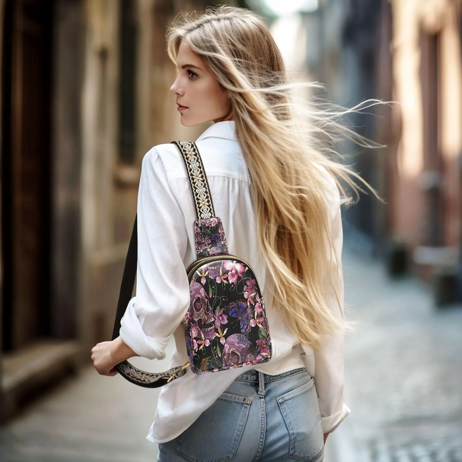 Small Sling Bag for Women Crossbody Pink Flowers Skull Fashion Leather Crossbody Bag for Women Embroidery Style Trendy Crossbody Purse Fanny Pack with Adjustable Guitar Strap Outfit