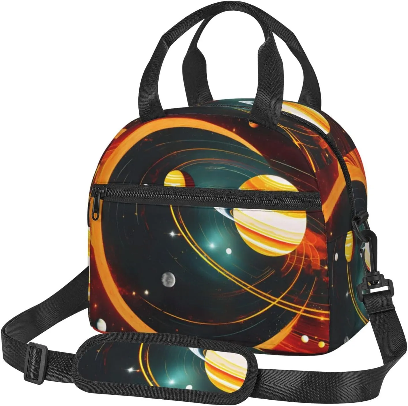 Solar System Jupiter Saturn Print Insulated Lunch Bag Large Capacity Lightweight Handheld Bags Back Zipper Pockets