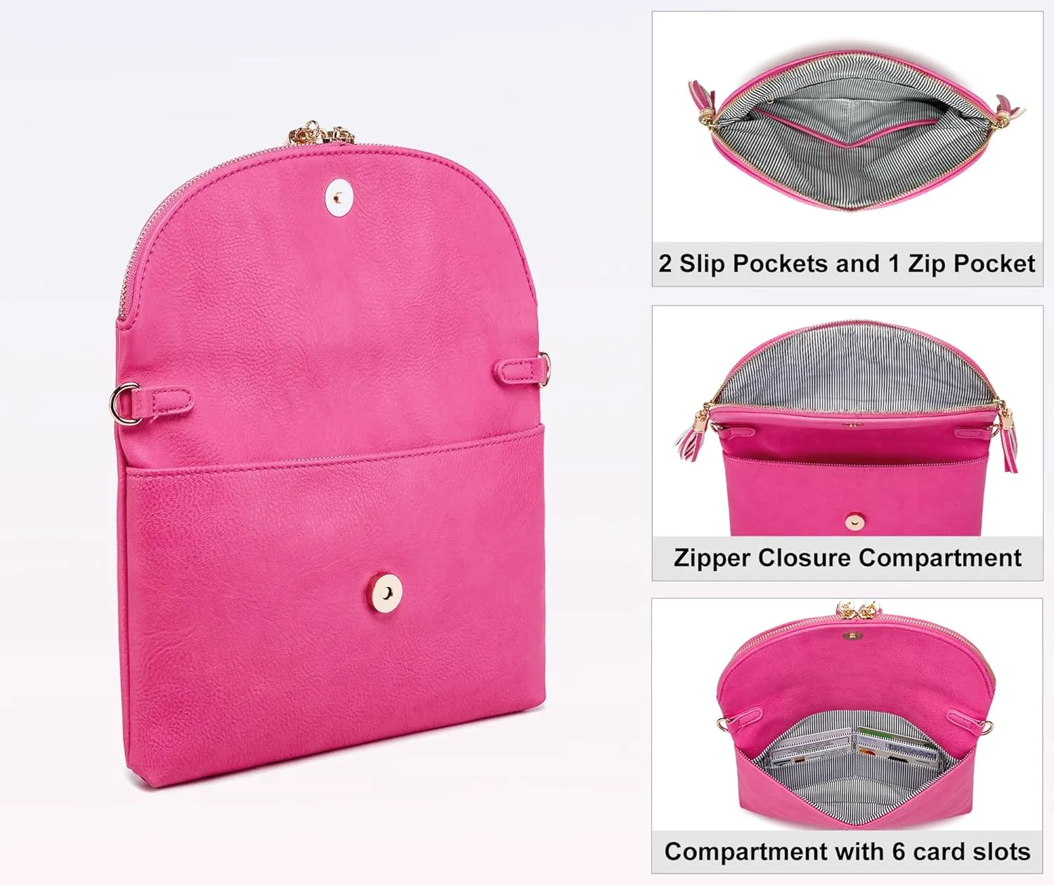 Solene Womens Envelop Clutch Purse Multi Compartments, 6 Card Slot Inside, Crossbody Bag With Tassels