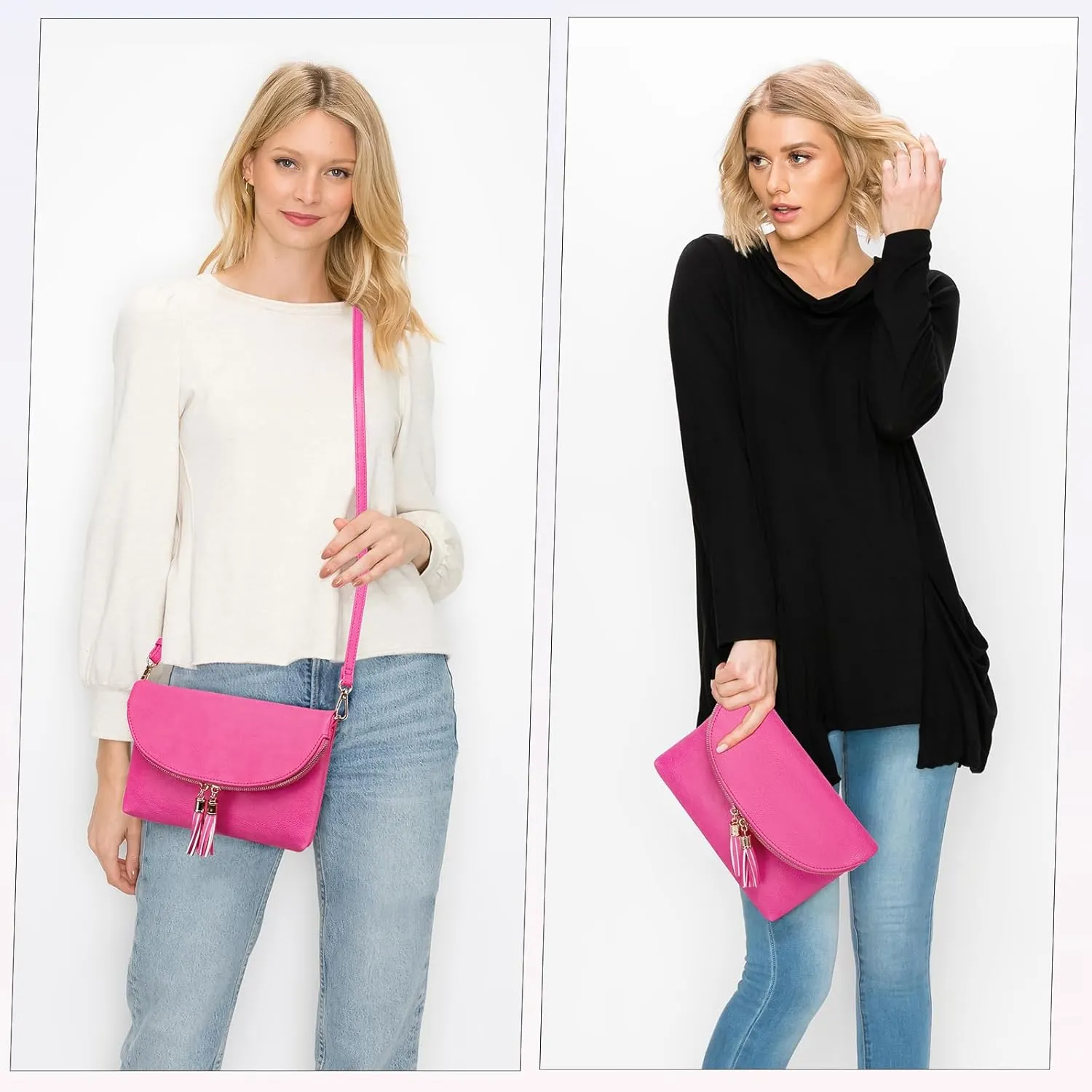 Solene Womens Envelop Clutch Purse Multi Compartments, 6 Card Slot Inside, Crossbody Bag With Tassels