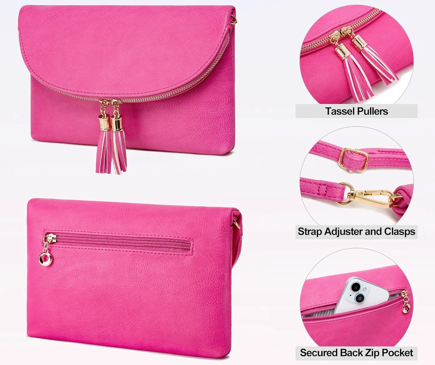 Solene Womens Envelop Clutch Purse Multi Compartments, 6 Card Slot Inside, Crossbody Bag With Tassels