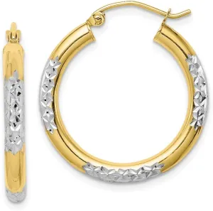 Solid Real 10k Yellow Gold Two Toned Diamond-Cut 3mm Hoop Earrings - 26mm x 25mm
