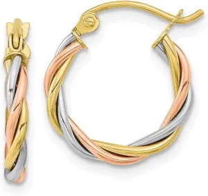 Solid Real 10k Yellow White and Rose Gold Three Color 2.5mm Twisted Hoop Earrings - 16mm x 14mm
