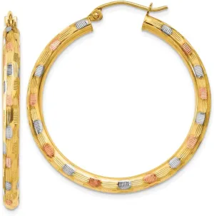 Solid Real 14k White and Yellow Gold Two Toned and White and Rose Textured Hoop Earrings - 39mm x 3mm