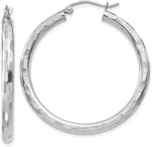 Solid Real 14k White Gold Textured Hoop Earrings 35mm