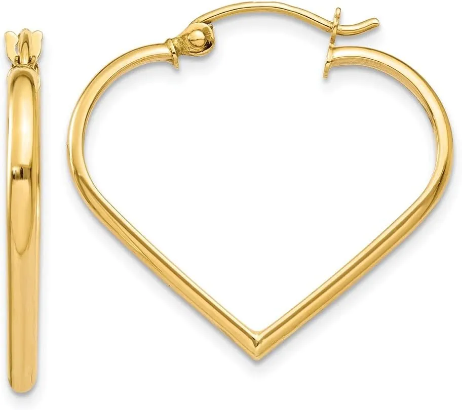 Solid Real 14k Yellow Gold 2mm Heart Hoop Earrings - 23mm x 2mm