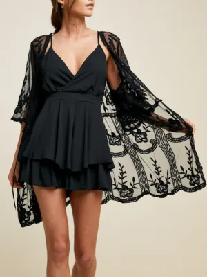 Sophisticated Lace Tie Kimono, Black