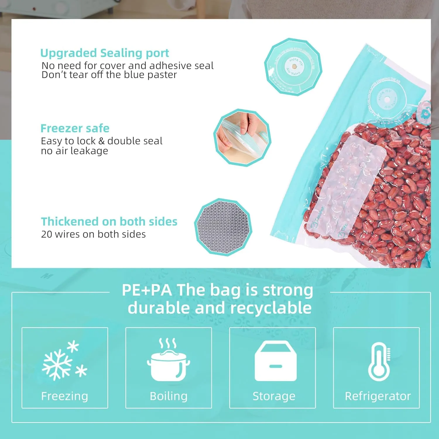 Sous Vide Bags Reusable, Vacuum Food Storage Bags 20 pcs (11.8*13.4in) Comes with 6 Sealing Sliders Thicken PA&PE material Double zipper Long-lasting freshness bag for Cooking, Food Storage XL 20pcs