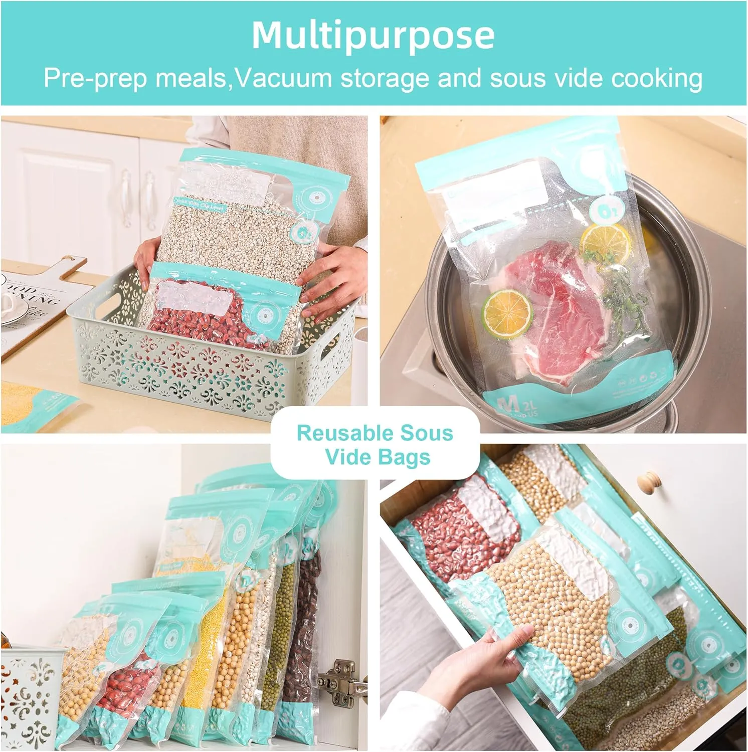 Sous Vide Bags Reusable, Vacuum Food Storage Bags 20 pcs (11.8*13.4in) Comes with 6 Sealing Sliders Thicken PA&PE material Double zipper Long-lasting freshness bag for Cooking, Food Storage XL 20pcs