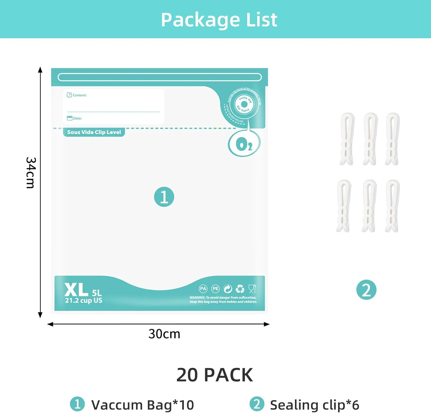 Sous Vide Bags Reusable, Vacuum Food Storage Bags 20 pcs (11.8*13.4in) Comes with 6 Sealing Sliders Thicken PA&PE material Double zipper Long-lasting freshness bag for Cooking, Food Storage XL 20pcs