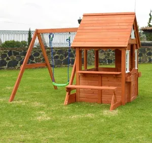 Sportspower Swing n' Play Wooden Outdoor Backyard Playhouse with Swing, Picnic Bench and Flower Boxes, Brown