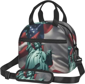 Statue Of Liberty Flag Print Insulated Lunch Bag Large Capacity Lightweight Handheld Bags Back Zipper Pockets