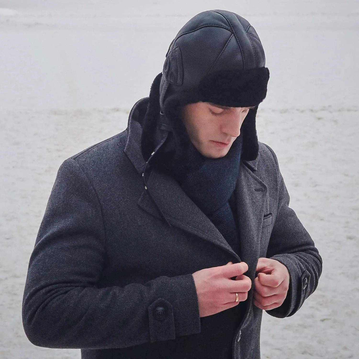 Sterkowski Trapper Cap | Genuine Shearling Leather Aviator Cap | Warm Natural Leather Trapper Hat
