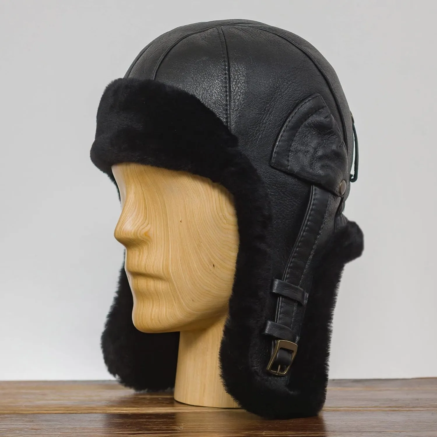 Sterkowski Trapper Cap | Genuine Shearling Leather Aviator Cap | Warm Natural Leather Trapper Hat