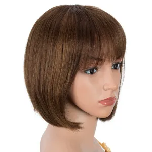 Straight Short Bob Wig with Bangs Human Hair 8 inch Highlight Brown Bob Wig for Women Brown mixed Honey Blonde Brazilian Virgin Hair Glueless Machine Made Wig