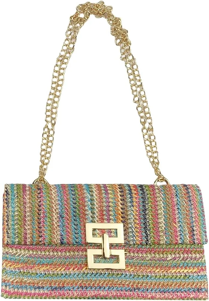 Straw Clutch Purse for Women Summer Beach Clutch Handbag Woven Purse Wicker Rattan Envelope Clutch (Multicolour(Chain))