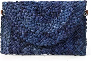 Straw Purse for Women Summer Beach Clutch Handmade Weave Envelope Wallet with Magnetic Closure (Blue)