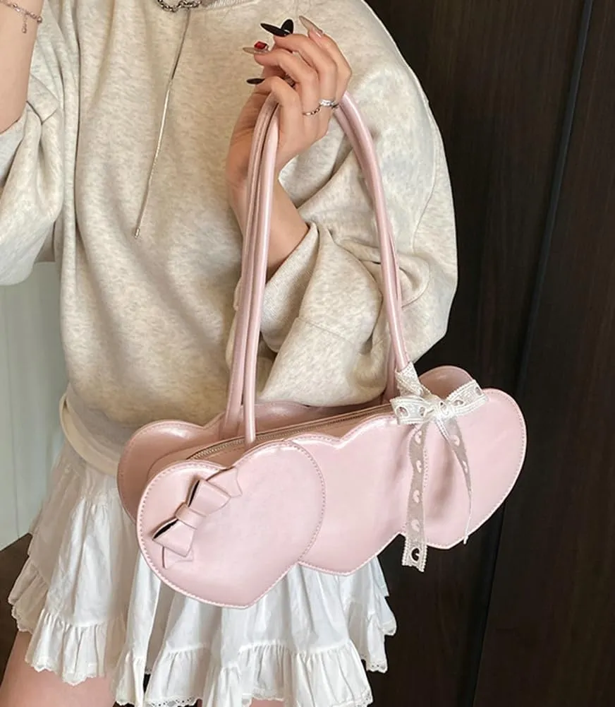Stylish Shoulder Bag Purses for Women Heart-shaped Hobo Bags Ladies Clutch with Bowknot Ribbon Accessory
