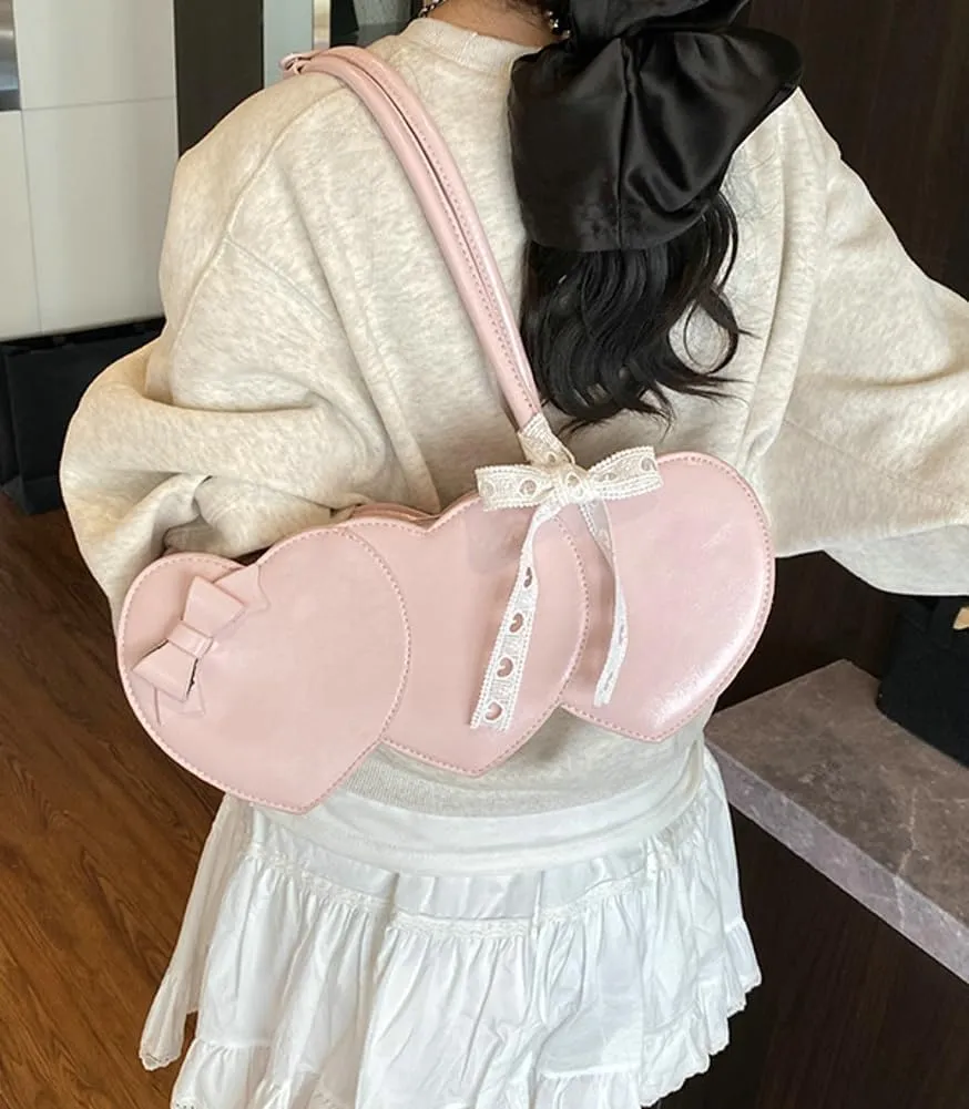 Stylish Shoulder Bag Purses for Women Heart-shaped Hobo Bags Ladies Clutch with Bowknot Ribbon Accessory
