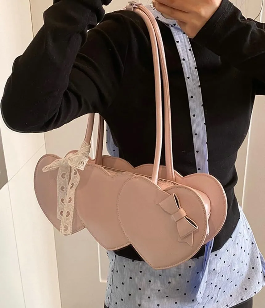 Stylish Shoulder Bag Purses for Women Heart-shaped Hobo Bags Ladies Clutch with Bowknot Ribbon Accessory