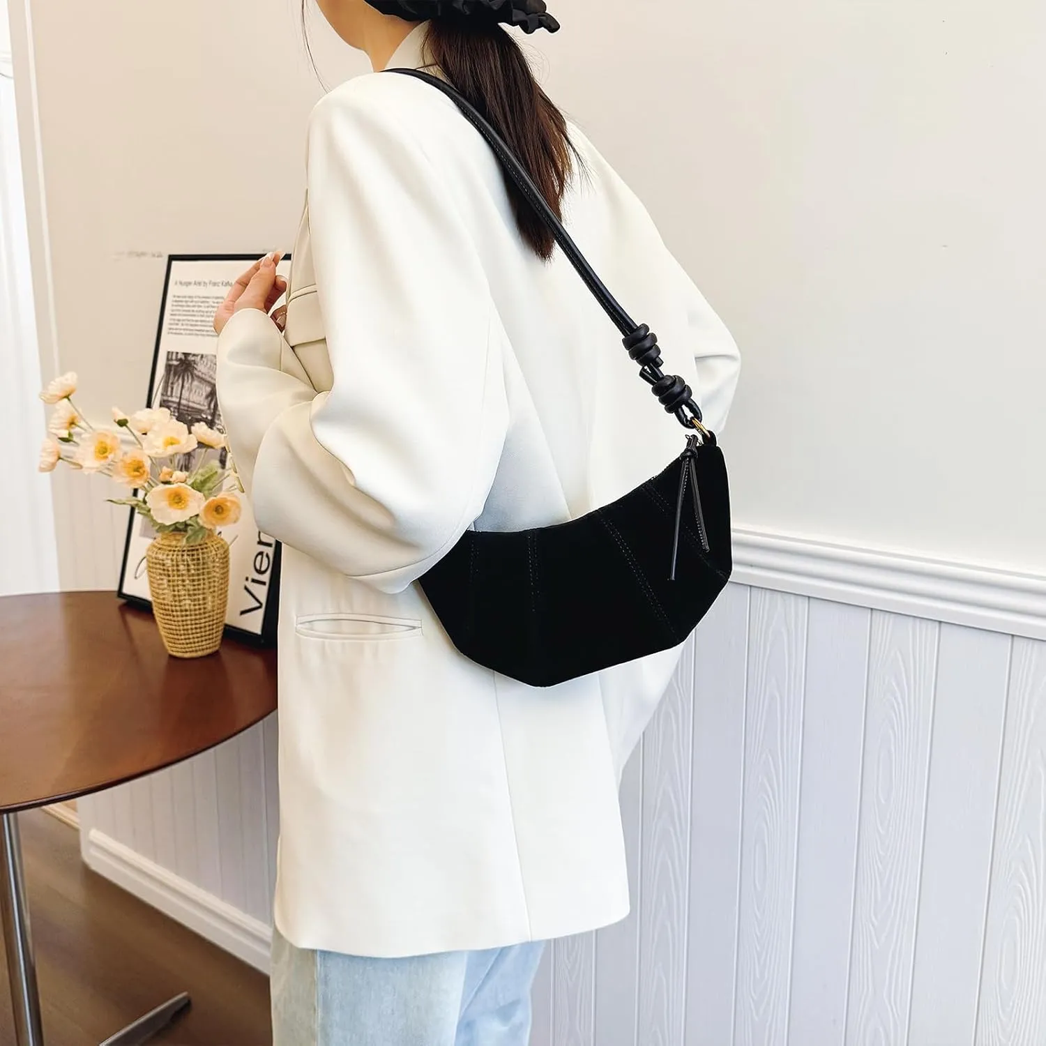 Suede Bags for Women Suede Purses Crescent Bag Crossbody Shoulder Bag Trendy Tote Handbags