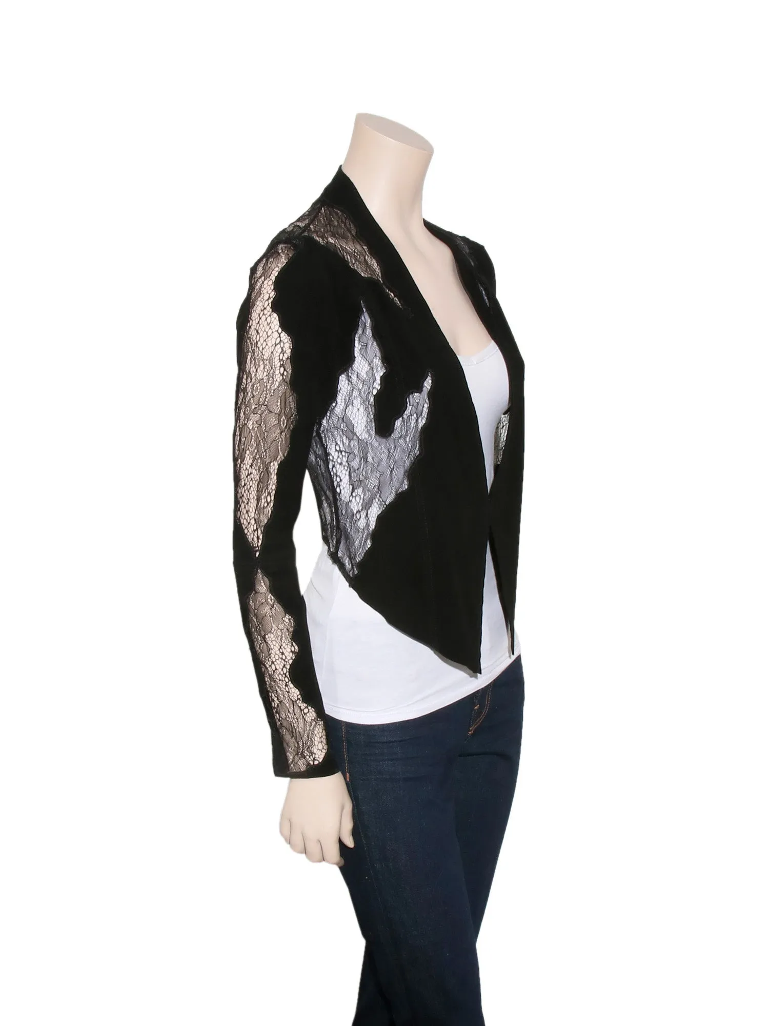 Suede Lace-Trimmed Cardigan