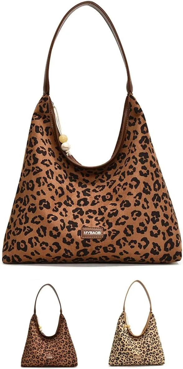Suede Tote Bag for Women Retro Suede Leopard Purse Slouchy Hobo Bag Crossbody Handbags Carryall Bag College Fall Purse