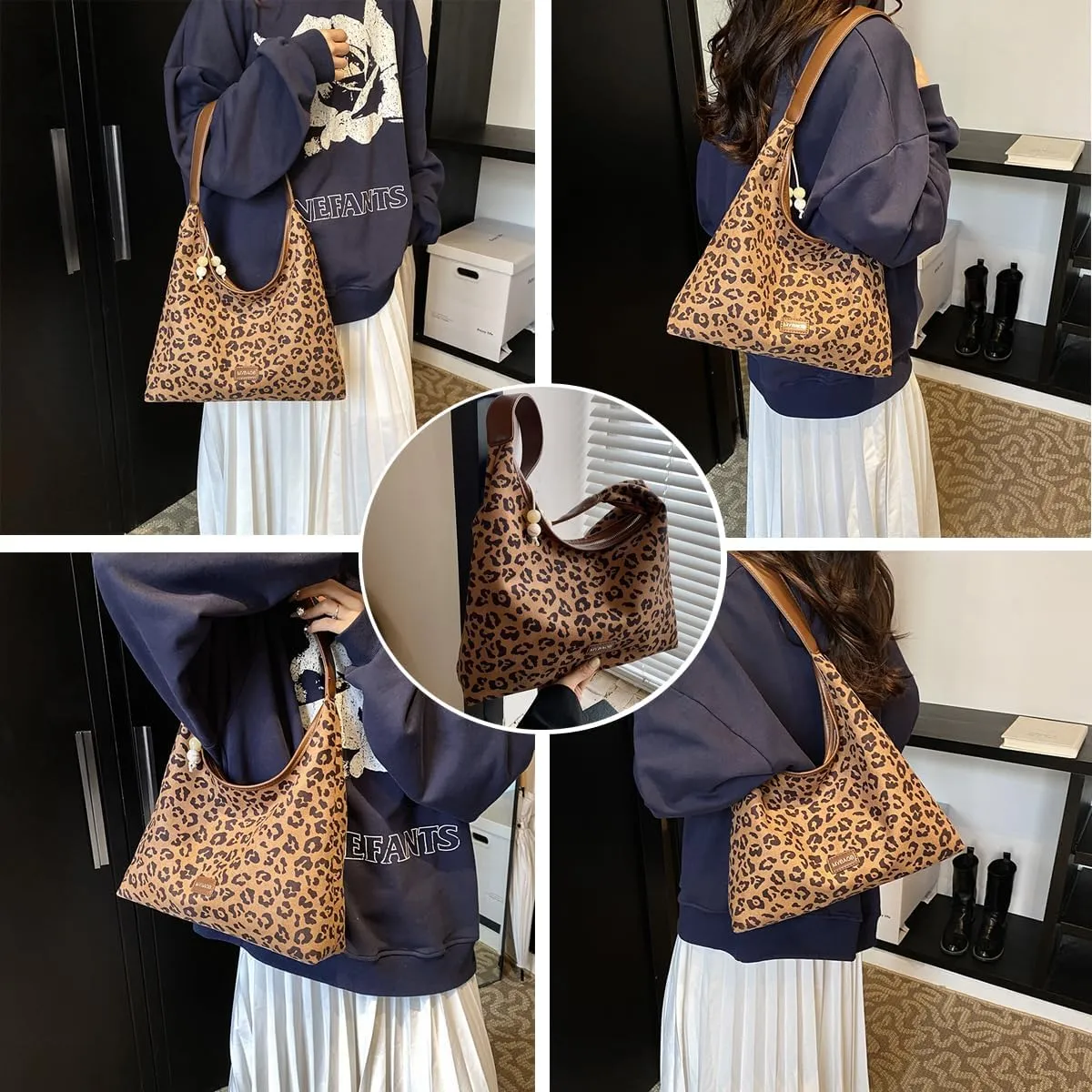 Suede Tote Bag for Women Retro Suede Leopard Purse Slouchy Hobo Bag Crossbody Handbags Carryall Bag College Fall Purse