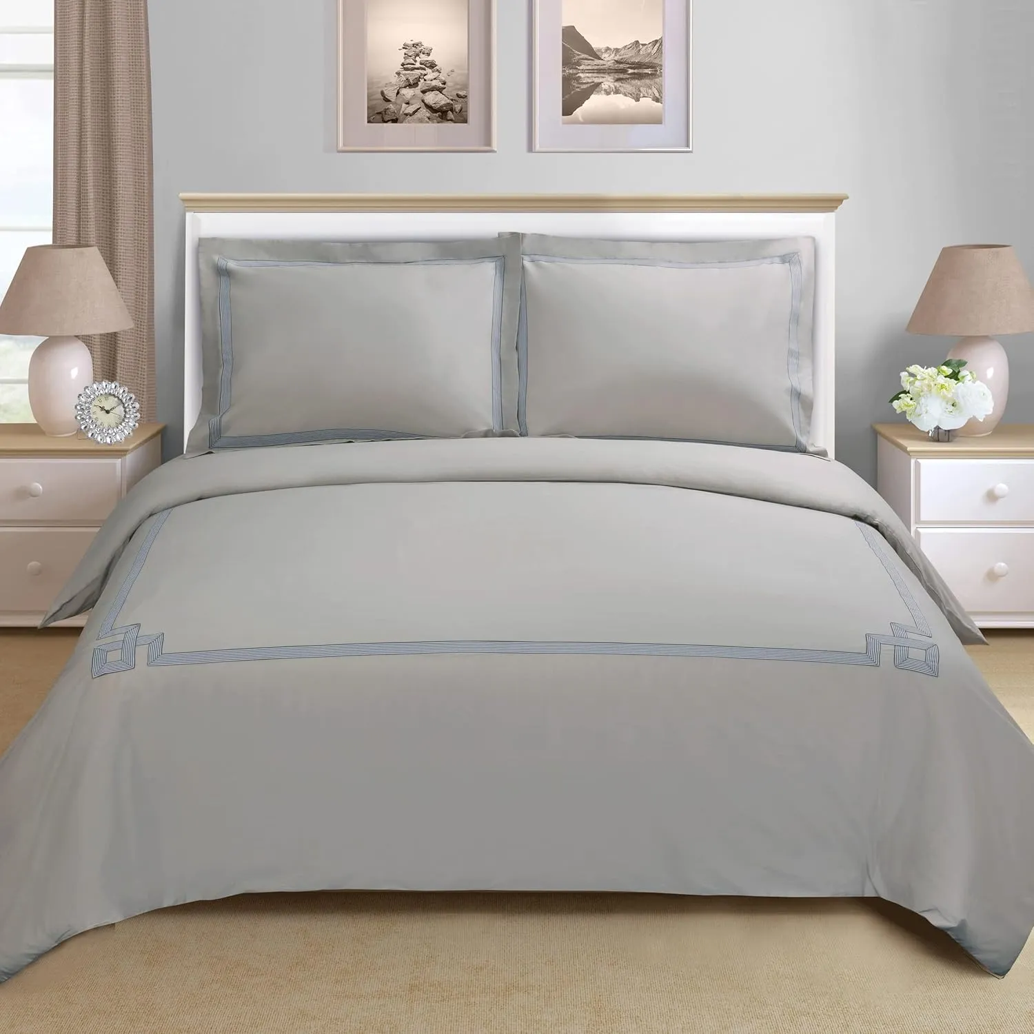 Superior Miller Cotton 300 TC Duvet Cover Set, Soft Comforter Covers, Bedroom Essentials, Coastal Striped, Includes 1 Duvet Cover with Button Closure, 2 Pillow Shams, Full/Queen, Grey/Grey