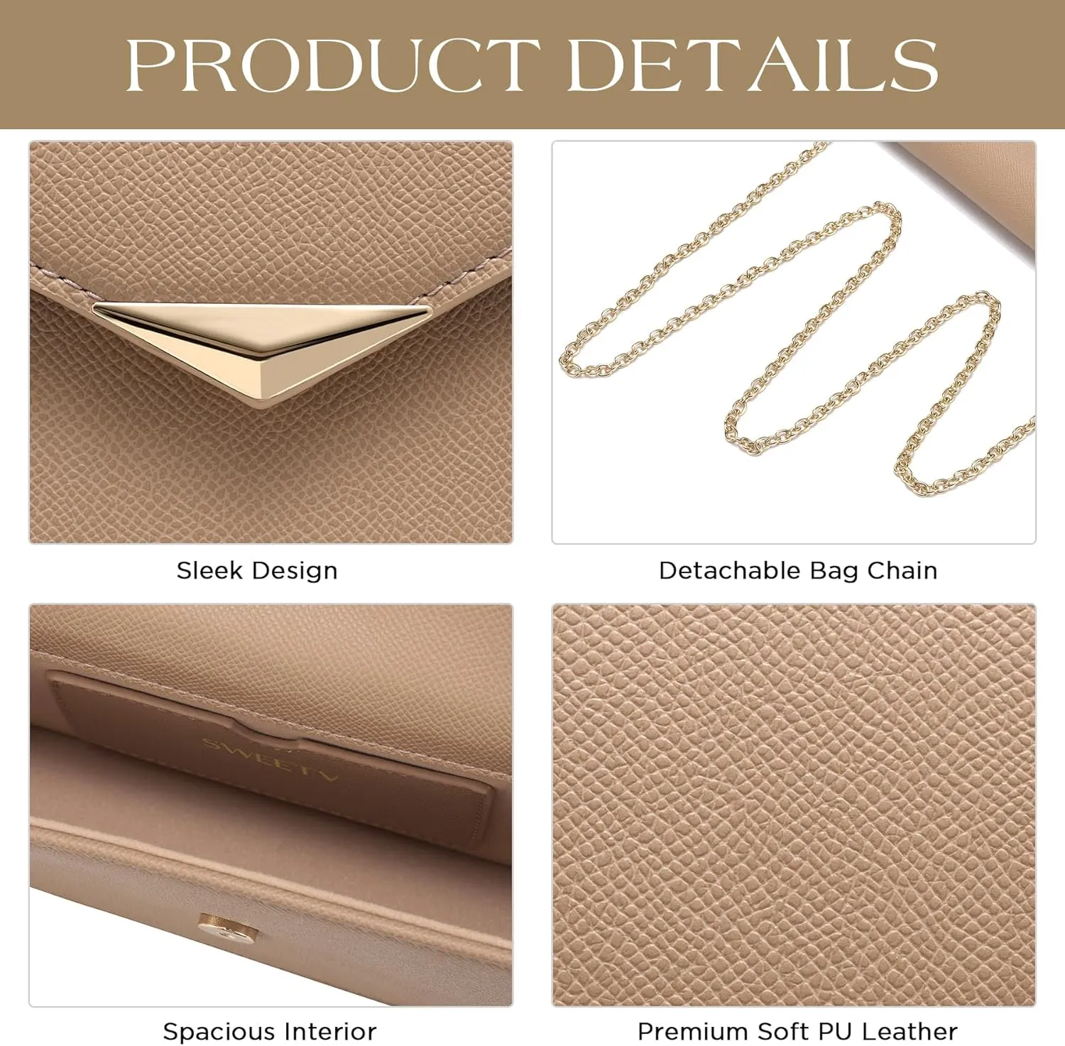 SWEETV Classic Envelope Clutch Purses for Women Elegant PU Leather Handbags for Evening, Weddings, Parties, and Formal Events