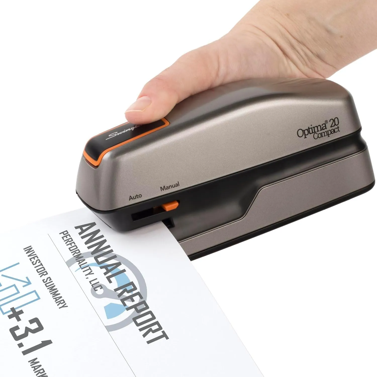 Swingline Electric Stapler, 20 Sheet Capacity, Optima 20, Jam Free, Compact, Automatic or Manual, Plug In or Battery, Orange and Gray (48207)