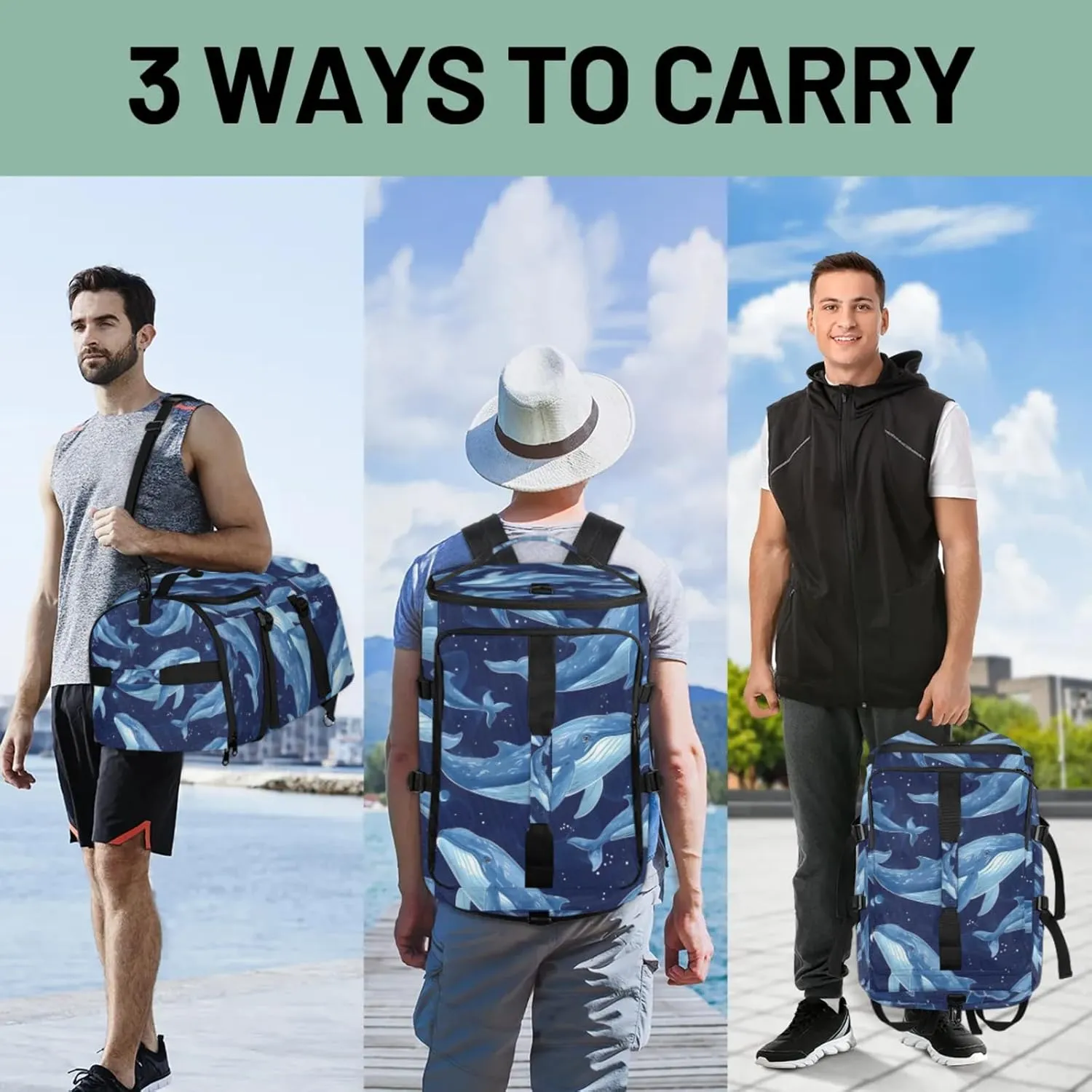 Tactical Sports Duffle Bag for Travel Waterproof Gym Bag with Shoe Compartment 48L Carry On Luggage for Men & Women 3-in-1 Durable Travel Luggage Animal Ocean Whale