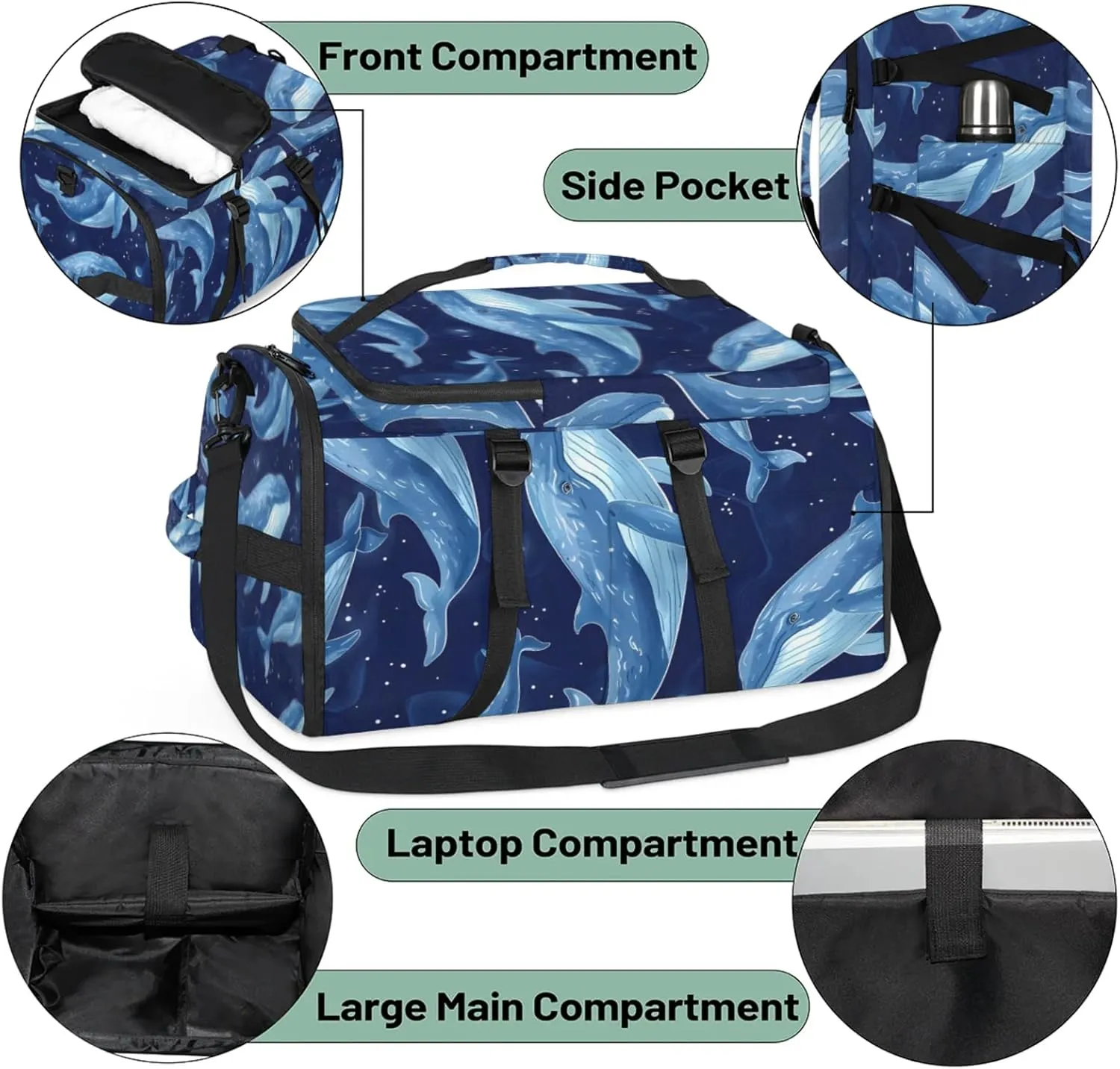 Tactical Sports Duffle Bag for Travel Waterproof Gym Bag with Shoe Compartment 48L Carry On Luggage for Men & Women 3-in-1 Durable Travel Luggage Animal Ocean Whale